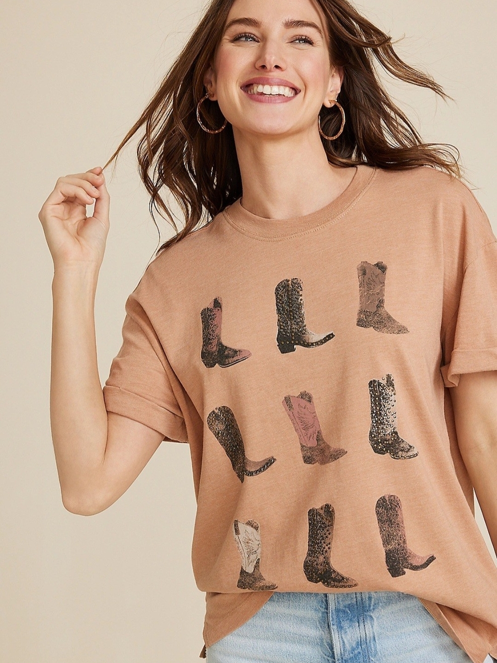 Maurices Tan Short-Sleeve Graphic Tee with Cowgirl Boot Print